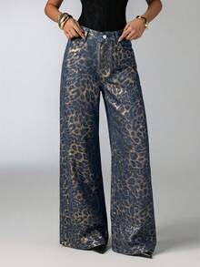 Aloruh Women's Leopard Print Pocket Button Casual Versatile Daily Wear Wide Leg Jeans - Blue - View 4