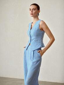 MOTF PREMIUM 时尚优雅定制V领无袖修身上衣和裤子两件套女装，春夏款 - 淺藍色 - 查看 5