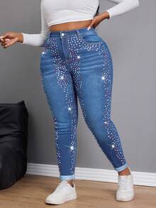 Slaydiva Plus Size Women's Fashionable Casual Colored Rhinestone Decorated Skinny Jeans - Medium Wash - View 5
