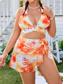 Swim Mod 大码泳衣套装，水彩印花可爱甜美三件套女式泳装 - 彩色 - 查看 4