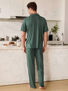 SHEIN 柔软亲肤开襟纽扣男女通用休闲睡衣套装 - 墨綠色 - 查看 4