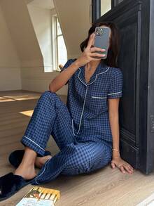 Dream Adore Contrast Trim Plaid Short Sleeve & Pants Women Pajama Set - Multicolor - View 5