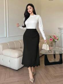 DAZY Chân váy dệt kim phối ren màu trơn dáng casual dành cho nữ - màu đen - Xem 3