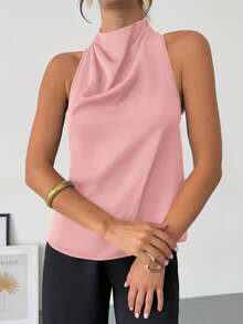 Firerie 全新春夏经典优雅通勤复古现代不对称领无袖露背蝴蝶结装饰修身黑色办公室衬衫 - 粉色 - 查看 6