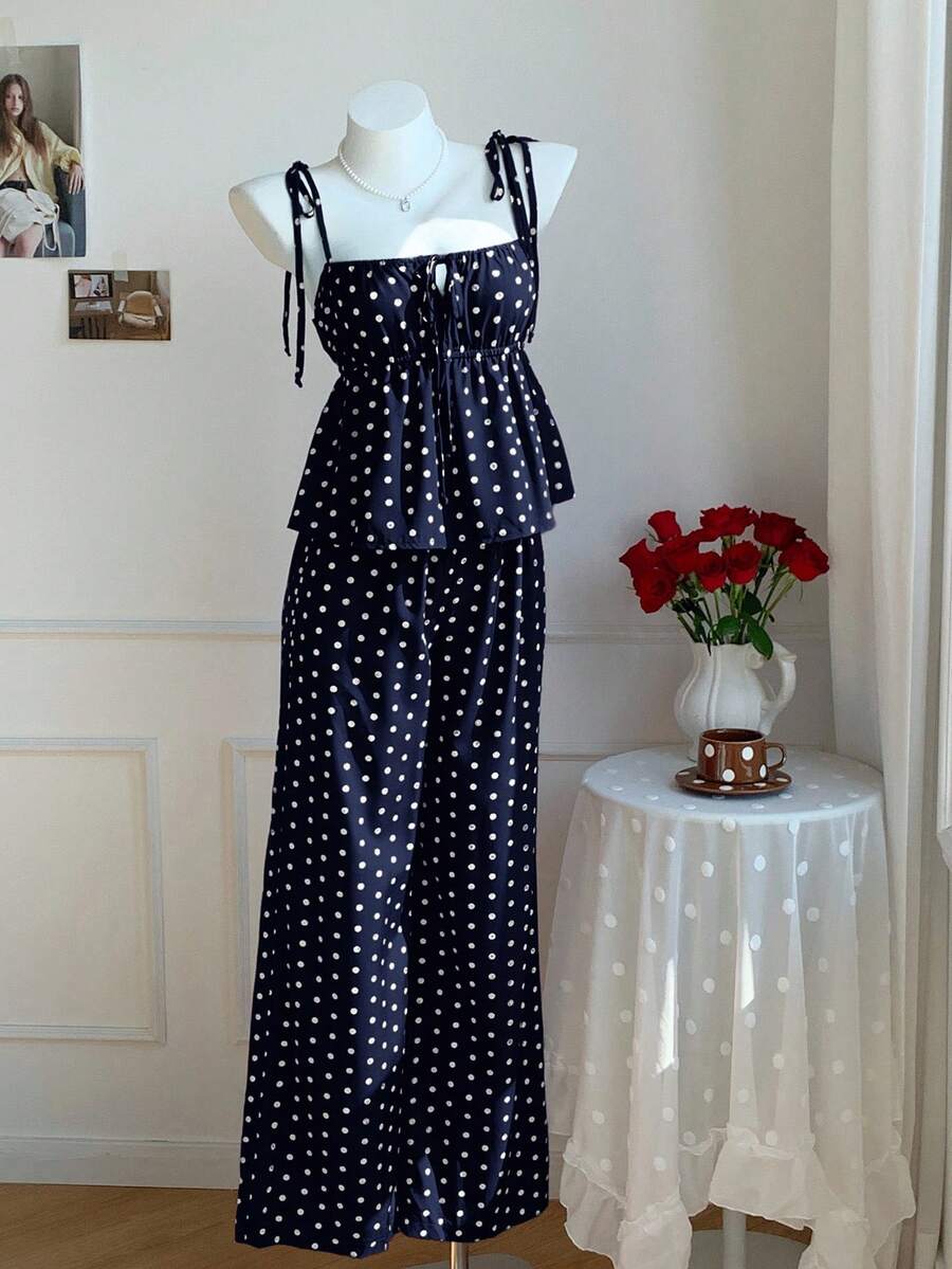 SHEIN EZwear 大码女士休闲波点印花吊带背心和裤子两件套，可爱波点两件套夏季套装，波点两件套万圣节套装，海军蓝波点套装，女士两件套夏季套装，波点女士两件套服装 - 藏蓝色 - 查看 1