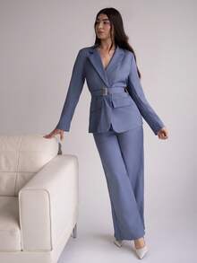 Andrea Bello 2025春秋新款时尚优雅休闲/办公室通勤金属扣腰长袖外套+直筒宽松阔腿裤西装套装 - 霧霾藍 - 查看 1