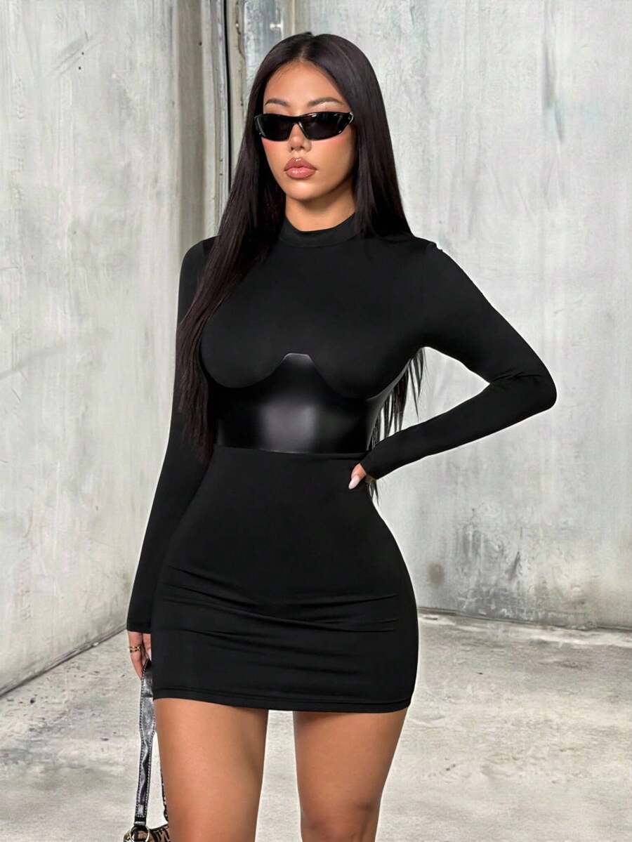 SHEIN PETITE 女式立领长袖修身休闲短裙、性感黑色连衣裙、黑色连衣裙、长款黑色连衣裙、女士约会夜服装 - 黑色 - 查看 1