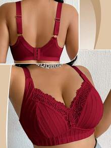 1pc Plus Size Lace Patchwork Wireless Bra - Burgundy - View 5