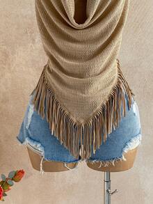 Soleia 大码女式休闲沙滩度假性感约会深V领流苏下摆露背系带上衣 - 卡其色 - 查看 5