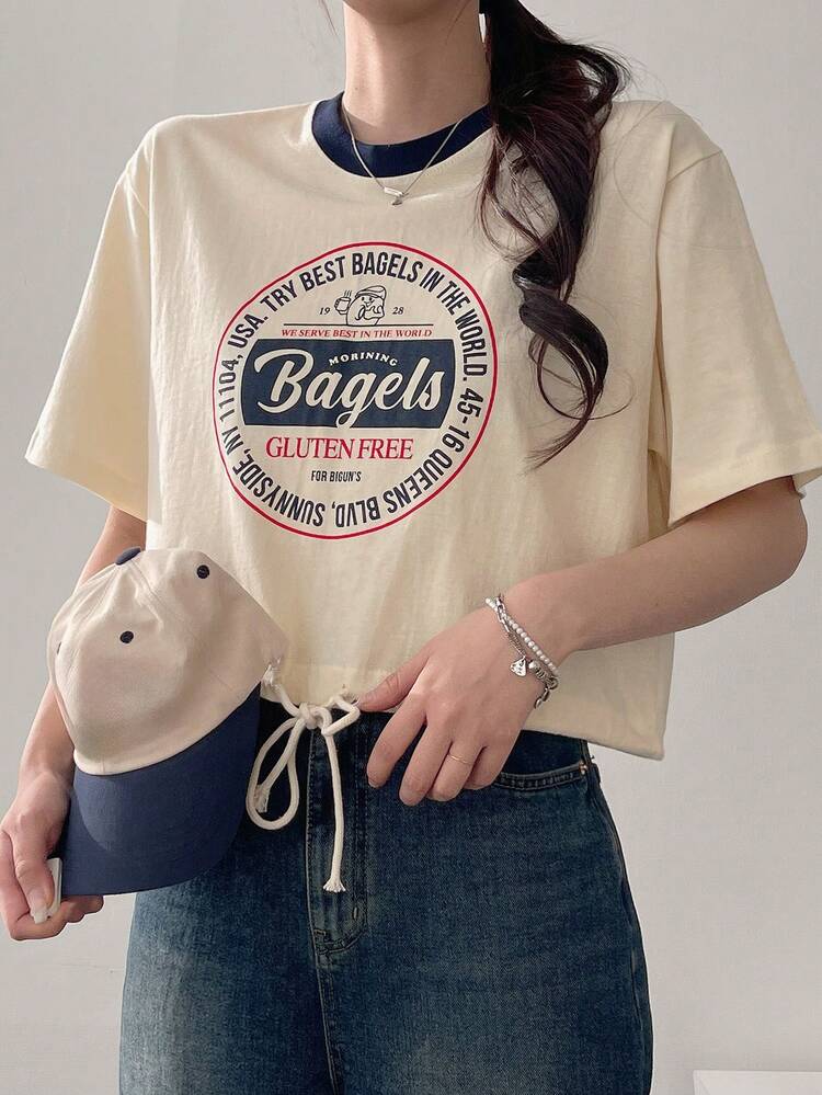 Women Loose Fit Color Block Printed Waist Tie T-Shirt Graphic Tee