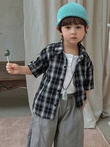 DAZY Young Boy Casual Loose Fit Graphic Print Drop Shoulder Shirt, Suitable For Daily Wear And Commuting, Summer Spring - Black - View 1