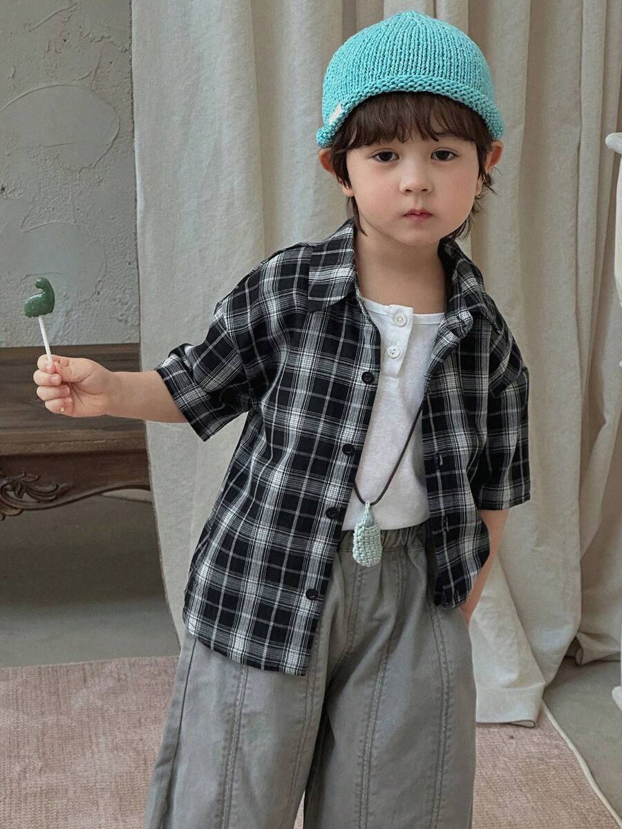 DAZY Young Boy Casual Loose Fit Graphic Print Drop Shoulder Shirt, Suitable For Daily Wear And Commuting, Summer Spring - Black - View 1