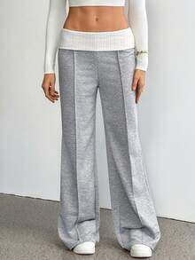 SHEIN Tall 女士夏季及夏季街头服饰外出休闲返校复古日常穿搭Y2K罗纹针织白色翻边裤法式灰色喇叭裤，夏季度假装扮 - 灰色 - 查看 10