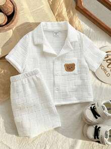 LMoss Kids 2 pièces Ensemble chemise décontractée et short en couleur unie pour jeune garçon - Blanc - Voir 3