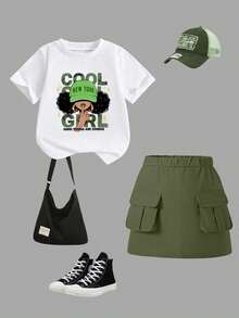 2件/套（6件）少女休闲时尚创意个性简约朋克摇滚女孩图案，卡通人物女孩喜爱，简约英文标语，舒适圆领T恤搭配迷你裙套装。6件随机发货，适合春夏穿着，轻盈舒适，秋冬叠穿的理想之选，时尚休闲穿搭，返校季、聚会、户外野餐、街头摄影、校园、节日、送礼佳品。 - 彩色 - 查看 3