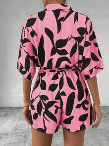 EMERY ROSE Women's Pink Floral Short Sleeve Jumpsuit,Summer Boho Casual Vacation Holiday Romper Button Half-Zip All-Over Print Wrap Dress Style Romper For Women - Multicolor - View 2