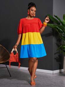 Slaydiva 春夏新品，适合音乐节、复活节、圣帕特里克节、西部风、游牧风、生日派对、毕业典礼、学生装、日常休闲、百搭基础款、休闲度假、邮轮旅行、海滩、日光浴、爆款大码、度假休闲风、纯色条纹拼接、荷叶边下摆宽松短袖A字迷你连衣裙，多色可选 - 彩色 - 查看 10