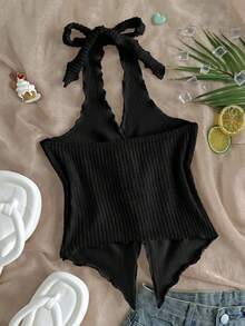 Tween Girl Casual Minimalist Comfortable Halter Neck Sleeveless Asymmetrical Hem Tank Top Halter Top Summer - Black - View 2