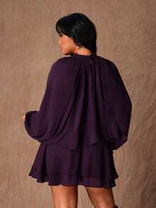 Rustia Plus Size Slim Fit Ruffle Hem Layered Short Dress, Long Sleeve, Round Neck, Brown - Purple - View 2