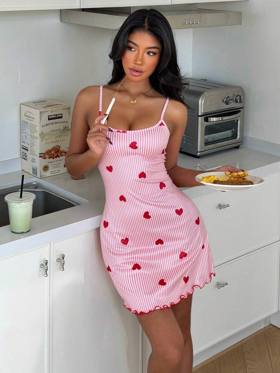 SHEIN Heart Striped Print Women's Camisole Nightgown - Pink - View 1