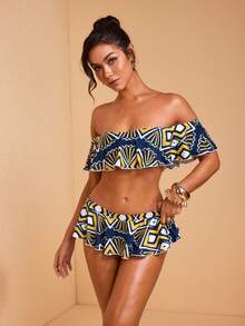 JIAN LASALA All-Over Print Knit Jersey Off-Shoulder Ruffle Top And Panties Set Women Holiday Vacation Wear - Multicolor - View 4