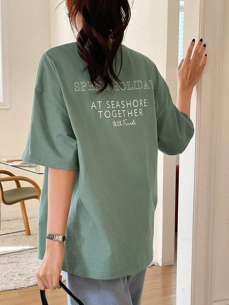 Women's Loose Casual Vacation Letter Print 2 In 1 Round Neck T-Shirt, Spring/Summer