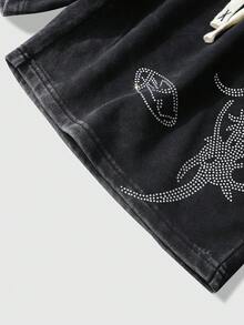 ROMWE MEN Street Life Men's Casual Street Style Rhinestone & Thorn Print Shorts - Black - View 8