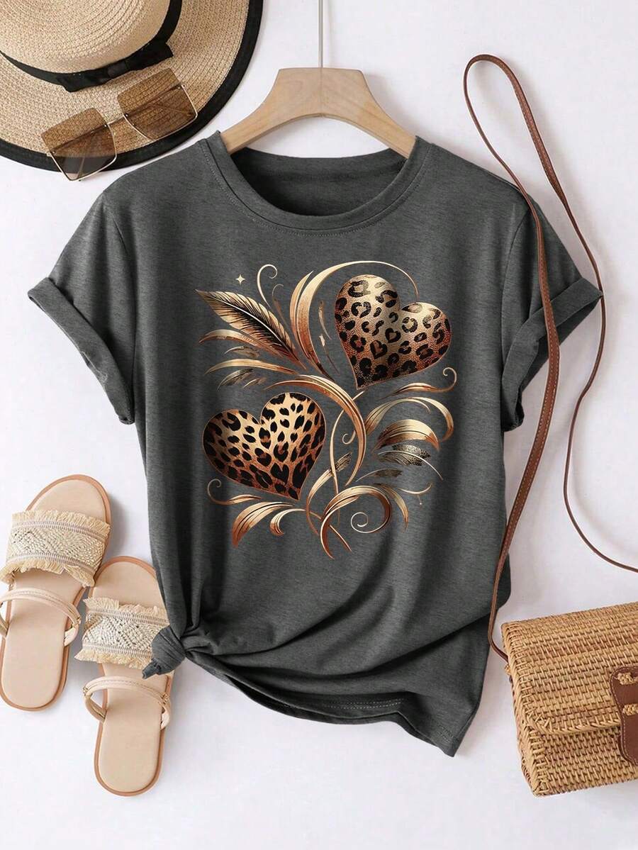 EMERY ROSE Áo thun nữ cỡ lớn tay ngắn cổ tròn in họa tiết hoa hướng dương và da báo - Màu xám đen - Xem 1