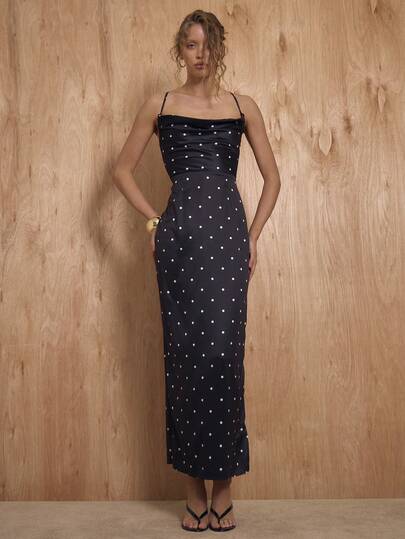 MUSERA Prickig Cowl Neck Satin Maxiklänning Vinter Nyår Söt Sexig Gå Ut Kvällsfest Accentuerad