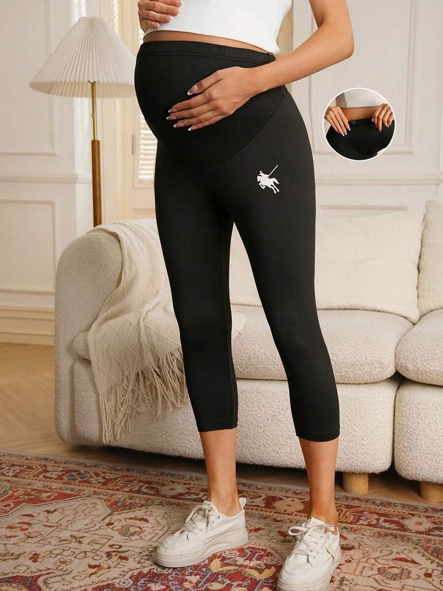 SHEIN 可调节腰围孕妇打底裤，马术印花