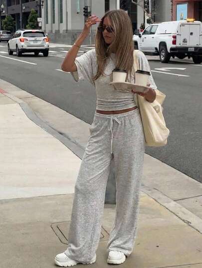 Aloruh 女士休闲束腰T恤+宽松低腰裤套装