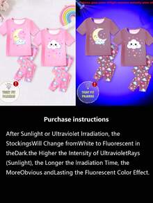 两件套女童夜光云朵、月亮和爱心印花紧身睡衣套装，包括圆领短袖上衣和裤子。 - 粉色 - 查看 5