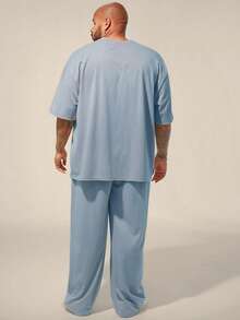 EASEVO Męski, jednokolorowy, swobodny zestaw T-shirt i spodnie w dużym rozmiarze - Niebieski - Zobacz 4