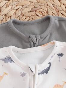 Cozy Pixies 新生儿男女宝宝卡通恐龙图案针织柔软圆领长袖连体衣和裤子两件套 - 彩色 - 查看 6