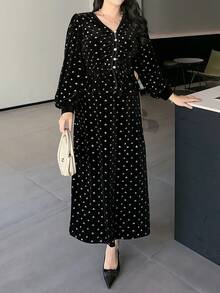 Dazy Plus 大码女装两件套：V领纹理短款外套和修身长裙，优雅时尚，适合春秋季穿着 - 黑色 - 查看 8