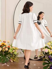 SHEIN Tween Girl Elegant Gorgeous Cute Colorblock Puff Sleeve A-Line Dress, Suitable For Parties, Gatherings And Outings Girls Matching Dresses Twin Girl Dresses - Black and White - View 4