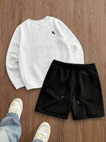 SWAVVY 男士圆领长袖休闲宽松套头卫衣套装 - 黑與白 - 查看 1