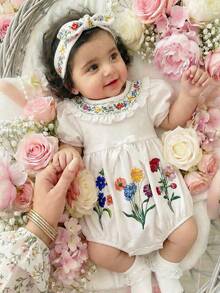 LMoss Kids 女婴可爱碎花图案翻领连体衣，夏季