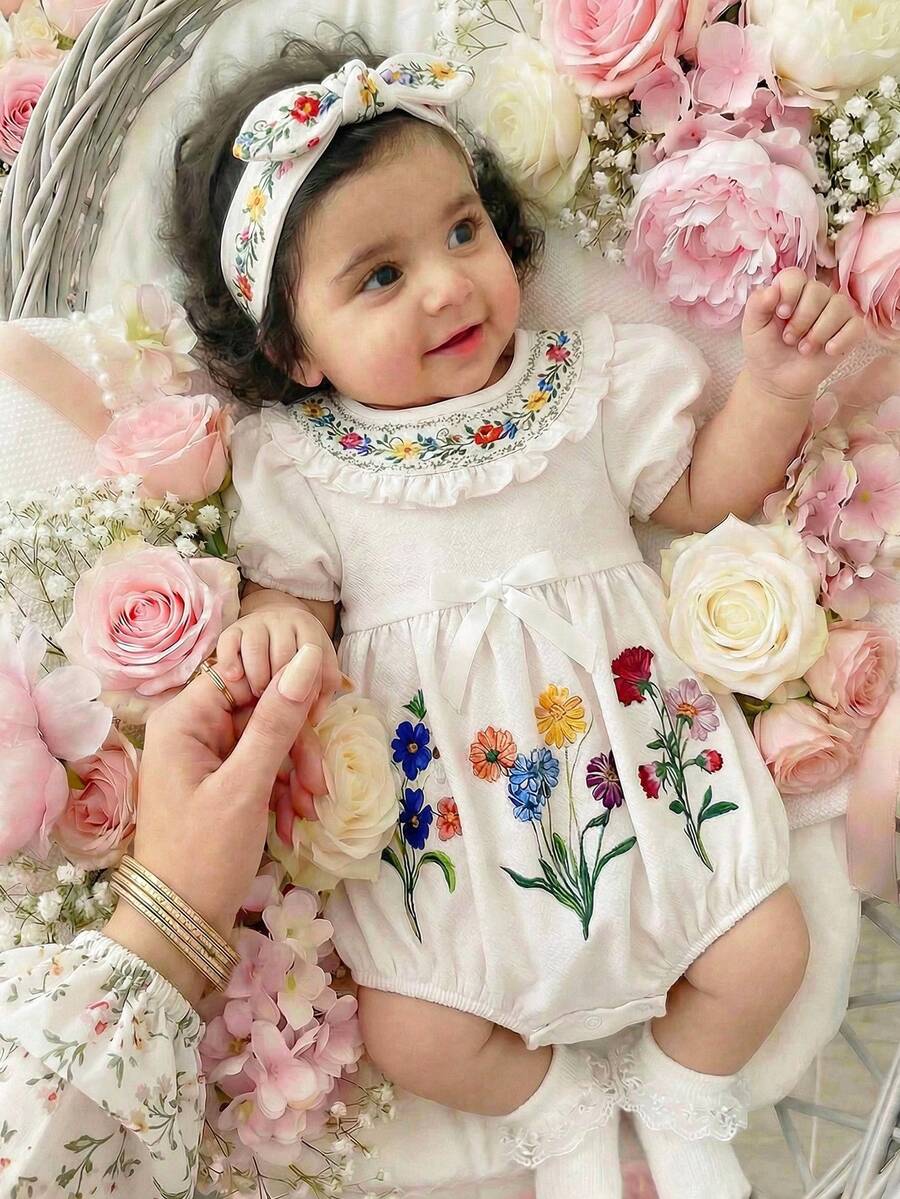 LMoss Kids 女婴可爱碎花图案翻领连体衣，夏季