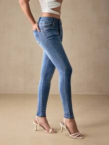 Selenza Quần jean denim rách cạp cao co giãn dành cho nữ cỡ lớn, kiểu vintage, dáng ôm sát, ống quần thon gọn. - Rửa trung bình - Xem 6