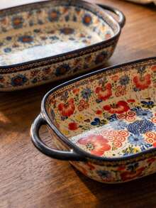 Rectangular Ceramic Baking Dish - Handcrafted With Floral Pattern & Dual Handles, Oven-To-Table Dish For Roasting & Serving (730ml) - Multicolor - View 4