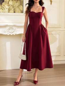 SHEIN Tall Váy dạ hội thanh lịch cổ điển dành cho nữ có túi, váy dự tiệc trà thường ngày, lễ hội, tiệc tùng, kỳ nghỉ hè, váy dạ hội, váy dự tiệc sinh nhật, khách dự tiệc cưới - Đỏ - Xem 10