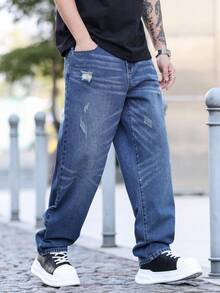 Manfinity Homme Men's Casual Fashion Street Distressed Denim Jeans, Suitable For Daily Commute - Medium Wash - View 9