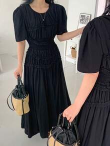 DAZY Women's Black Ruffle Hem Waist Cinched Mid-Length Dress - Black - View 3