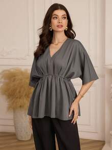 Modelyn Women's Solid Color Casual Stylish Multi-Layer Ruched Batwing Sleeve Deep V Loose Blouse - Grey - View 4