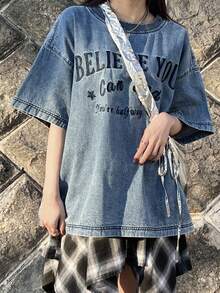 FRIFUL 女士休闲度假时尚街头标语刺绣宽松牛仔衬衫，适合日常通勤 - 藍色 - 查看 4