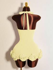 Mistrie Women's Solid Color 3D Floral Decor Sexy Halter Neck Dress - Apricot - View 2