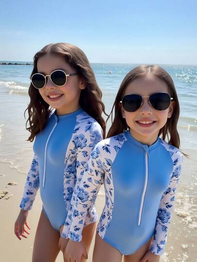 Traje de baño de una pieza con cremallera y manga larga con estampado floral para niñas, adecuado para la playa, resort y spa