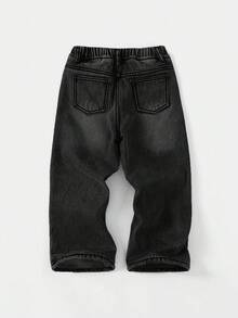 SHEIN Young Boys Loose Fit Blue Denim Thermal Lined Pants, Autumn/Winter - Black - View 2