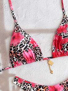 Swim Vcay New Leopard Print Halter Backless Top And Side Tie High Cut Thong 2 Piece Swimsuit Set, Women Beach Holiday Bikini - Multicolor - View 6